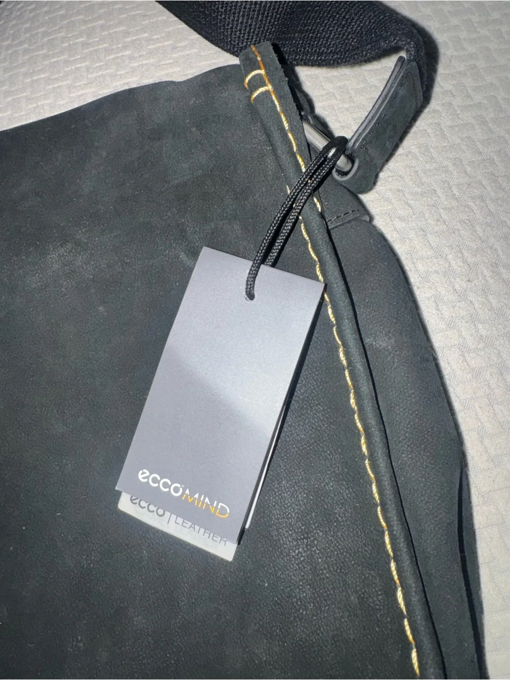 Ecco Black Suede Messenger Bag with Contrast Yellow Stitching